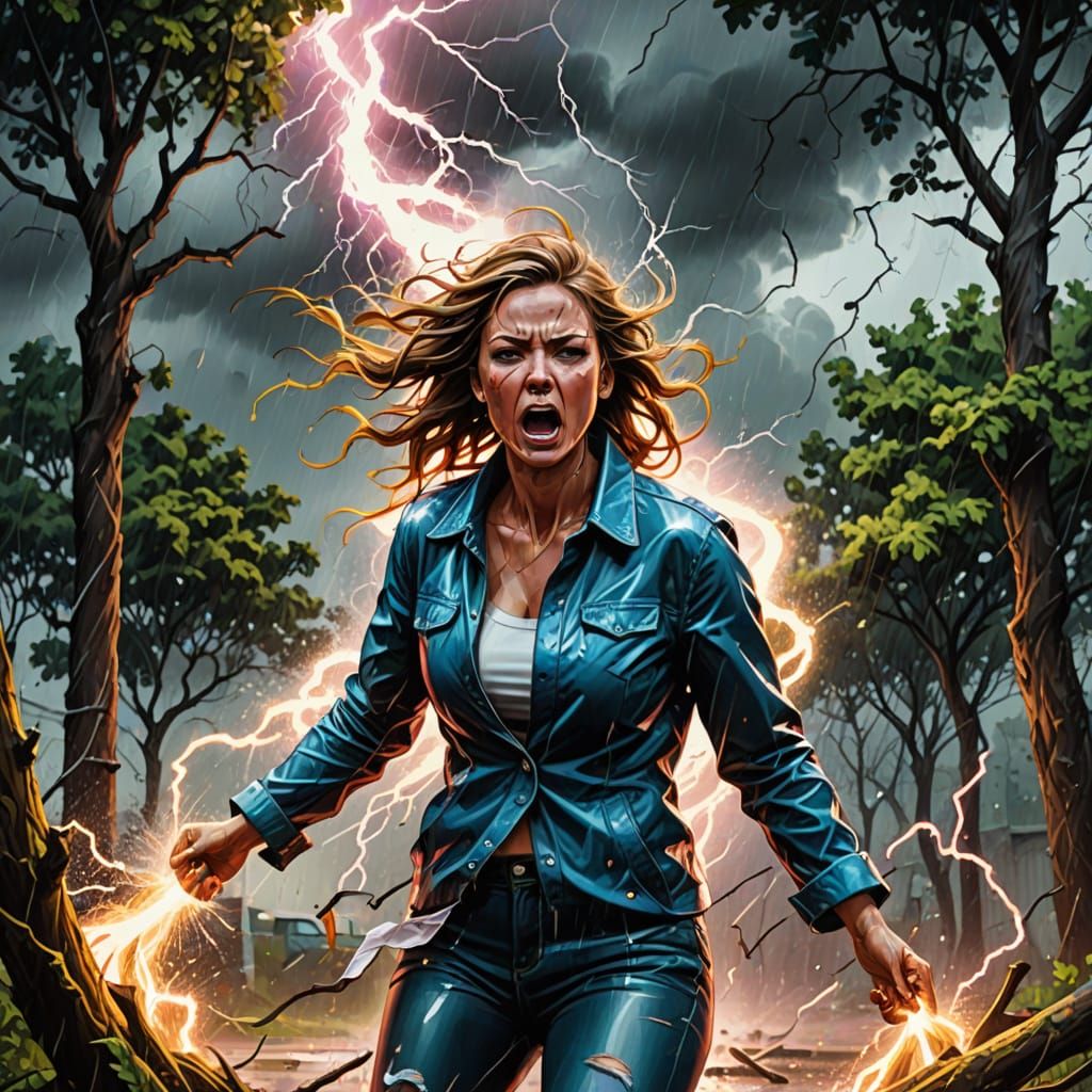 Lady Caught in a Hyper-Realistic Hurricane, in a Vibrant Gra...