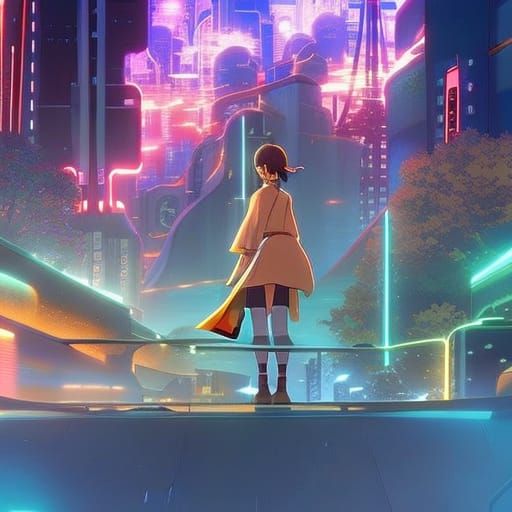 Anime Warrior in Neon Style, Ghibli Concept Art