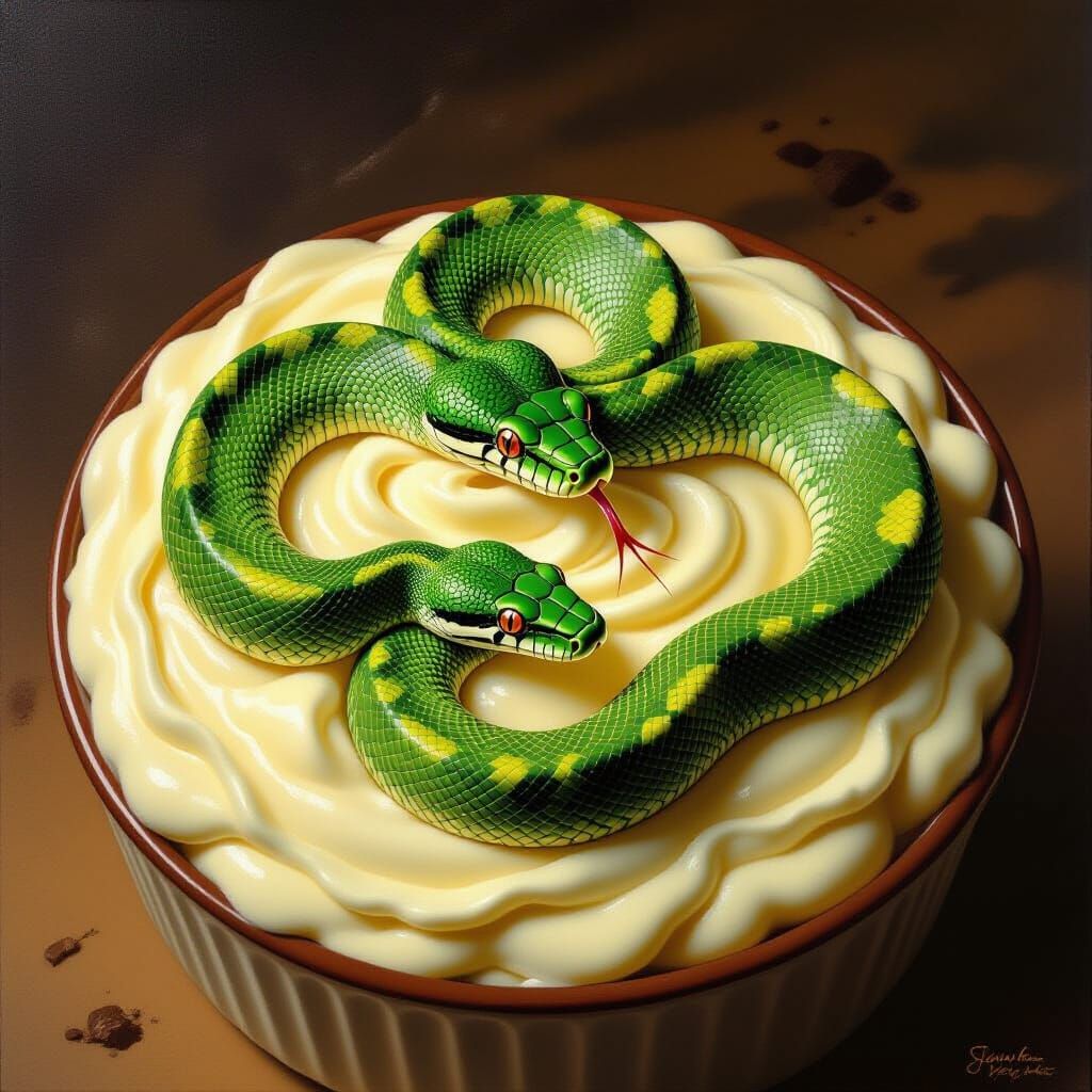 Green Python Snake Slithers Into Chocolate Pudding Surrealis...