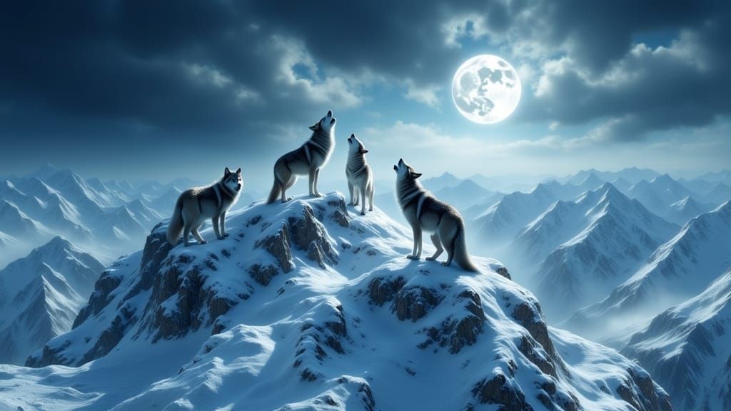 Majestic Wolf Pack Howling at Full Moon on Snowy Peak