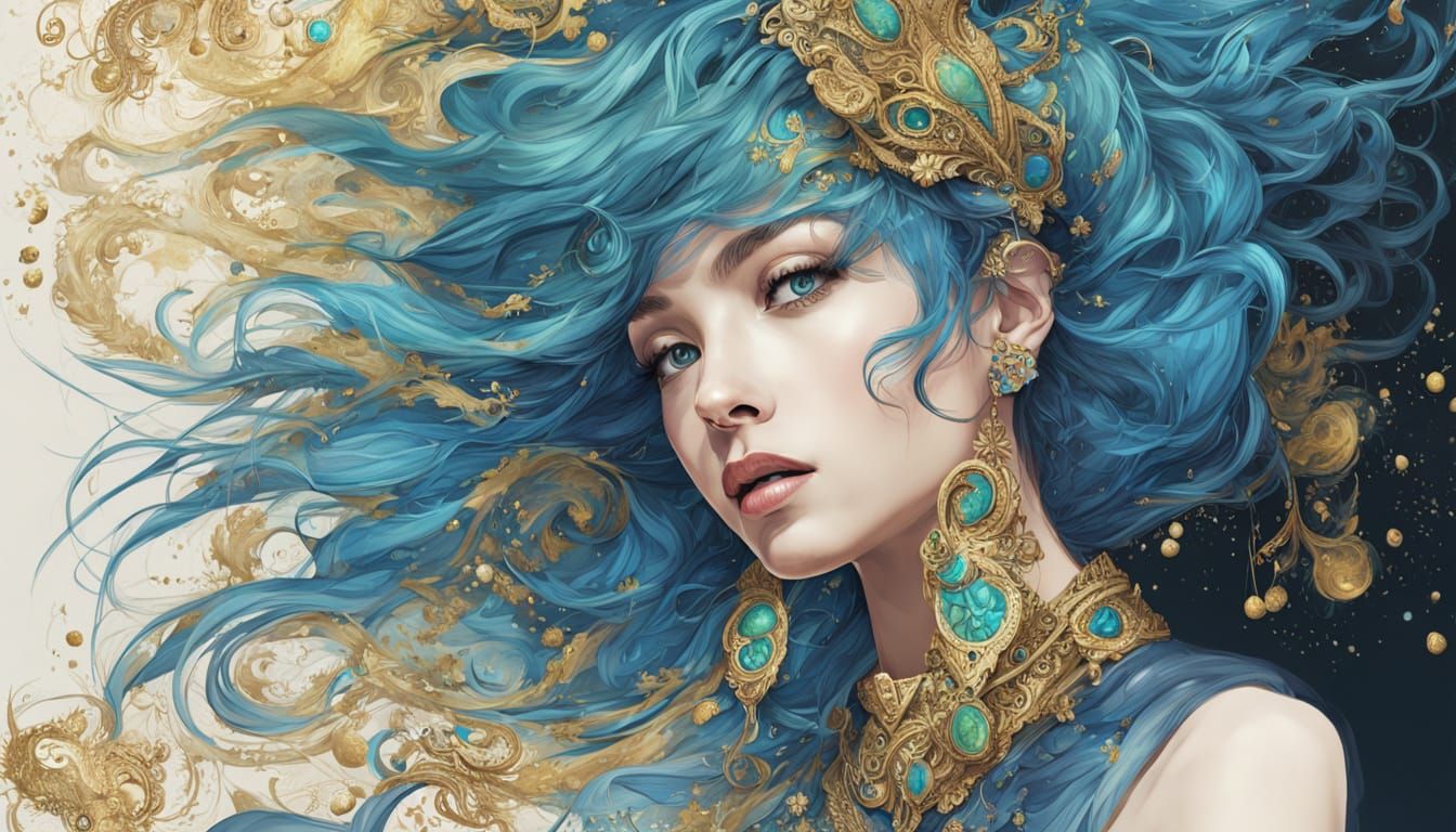 Intricate Portrait with Gold and Blue Designs