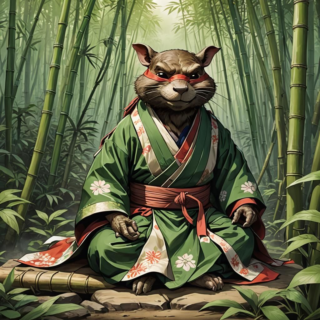 Master Splinter Meditating in Bamboo Forest, Anime Style