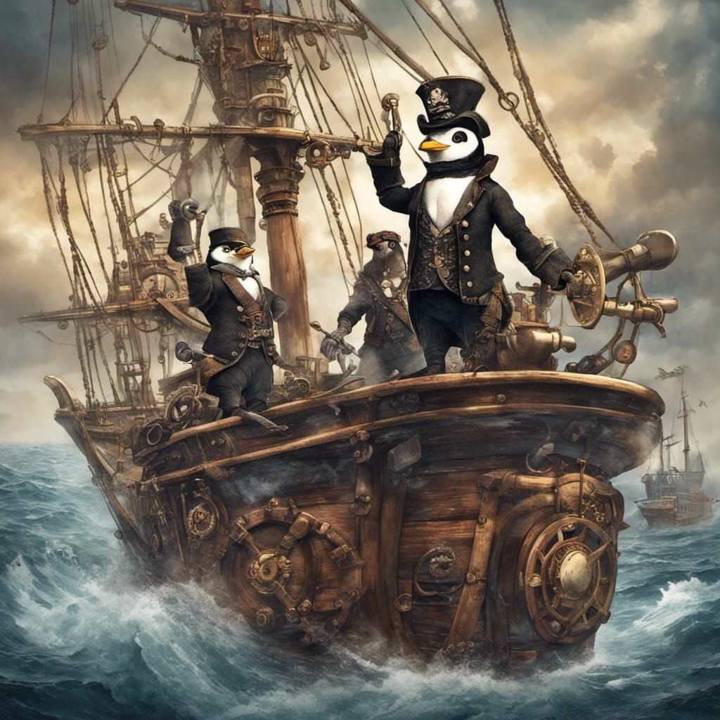 Penguin Pirates Sailing a Steampunk Ship
