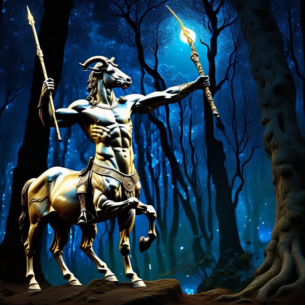 Heroic Centaur in Mystical Forest: Klimt-Inspired Art