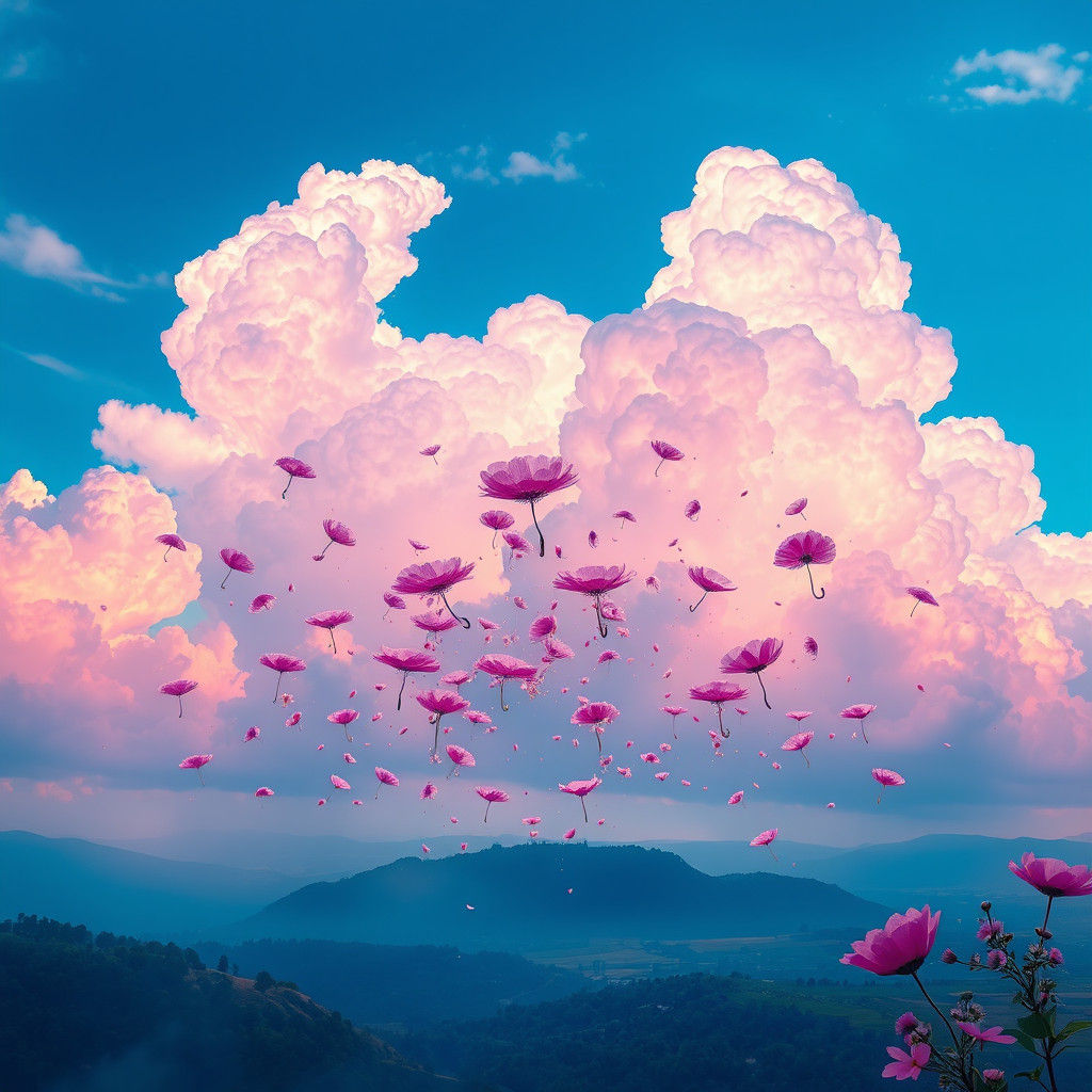 Iridescent Clouds Rain Flowers: Ethereal Matte Painting