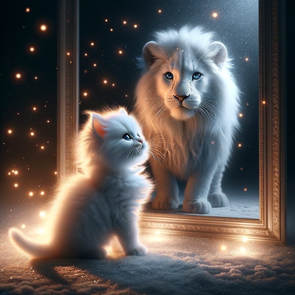 Magical Cat and Lion Reflection with Fireflies
