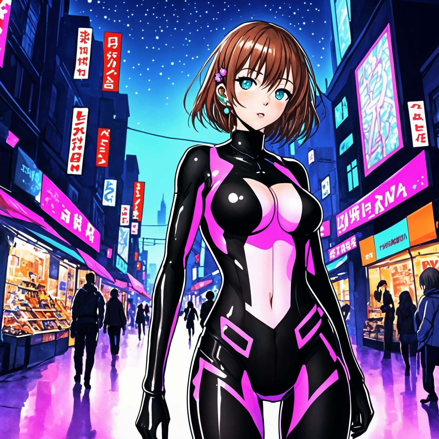 Cyberpunk Woman in Neon Bodysuit, Anime Style