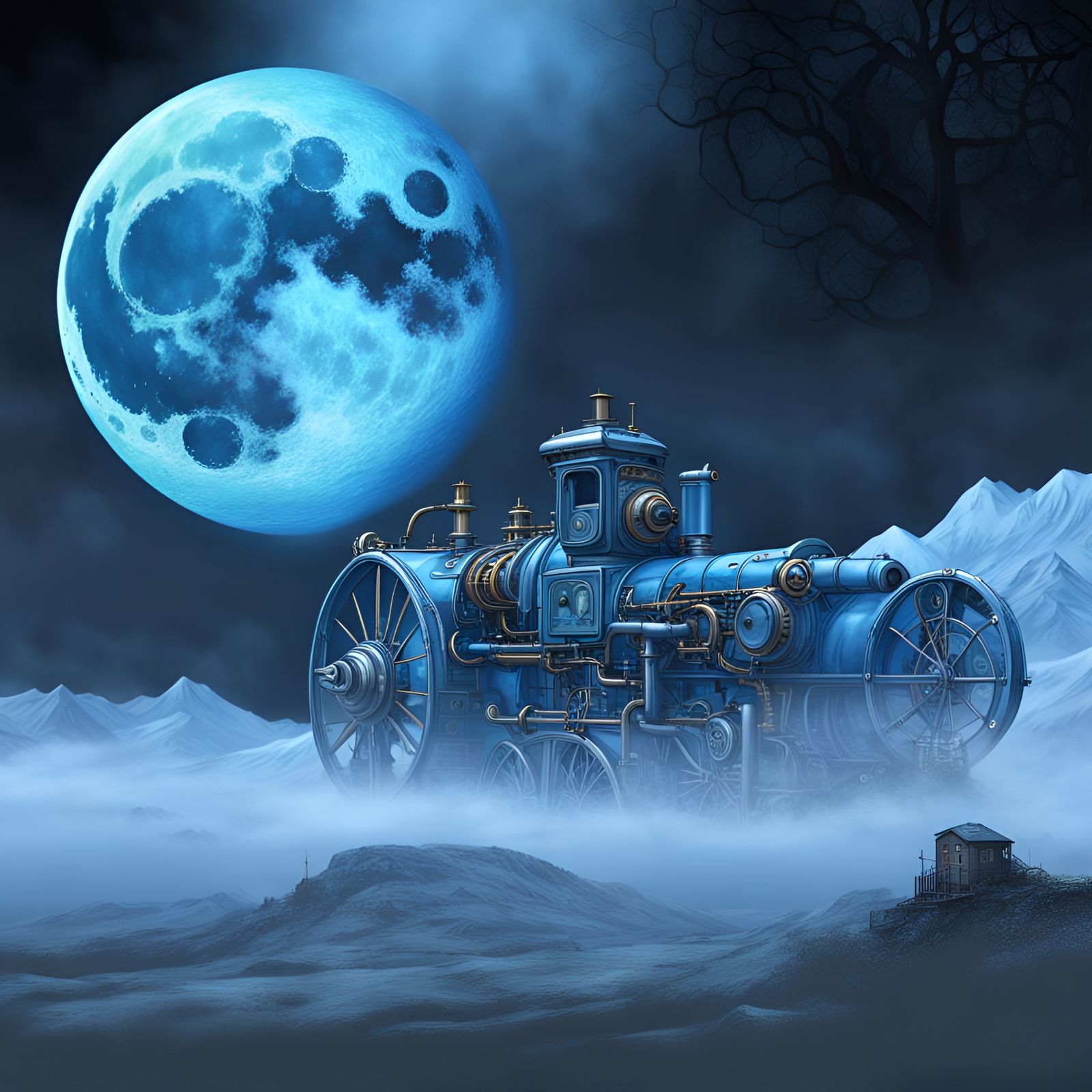 Fantasy blue moon and landscape, steampunk engine