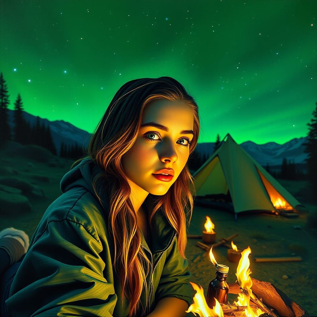 Stunning Woman Camping: Ultra-Realistic Oil Painting