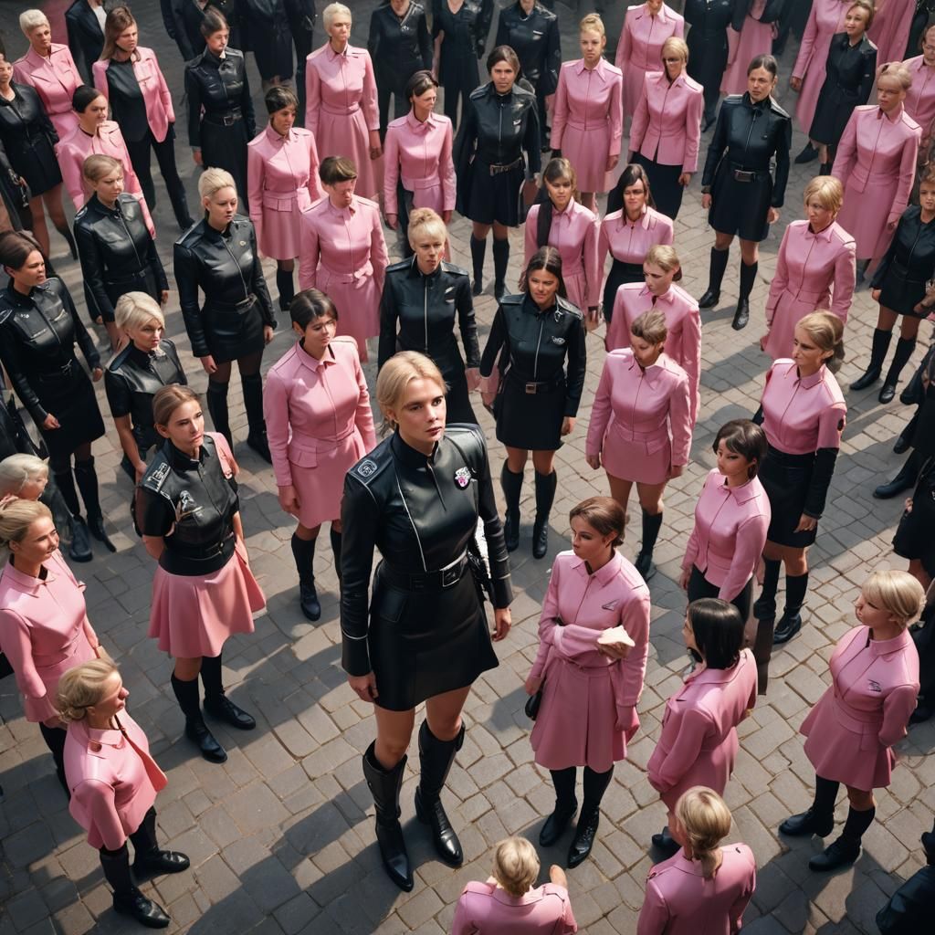 Dramatic Portrait with Leather Uniforms and Pink Frock
