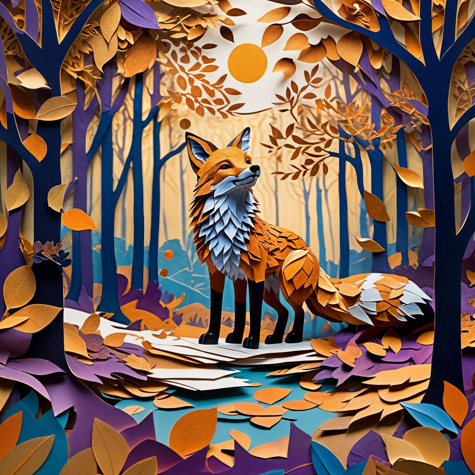 Fox in Fall Paper Collage Art