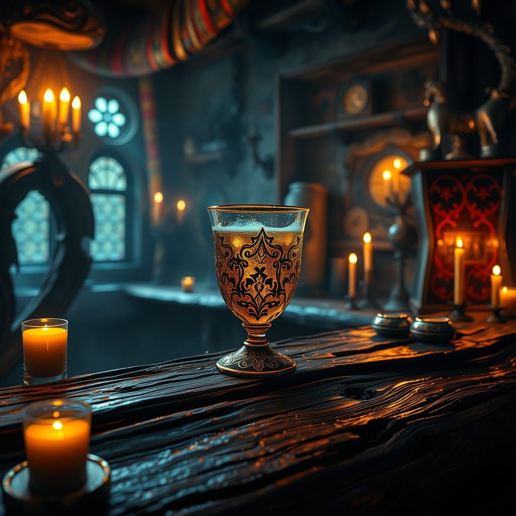 Mystical Tavern Scene with Glowing Liquid and Flickering Can...