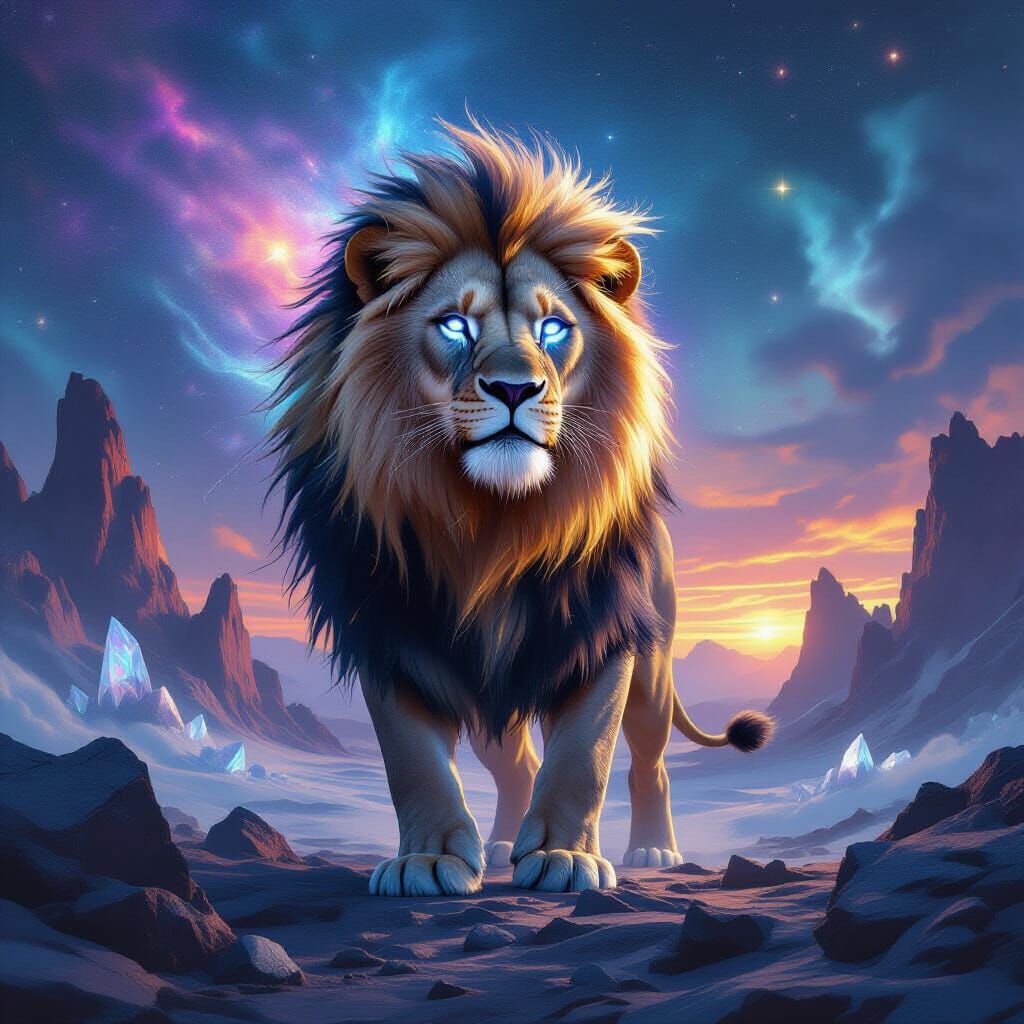 Cosmic Lion on Alien Planet in Digital Art Style