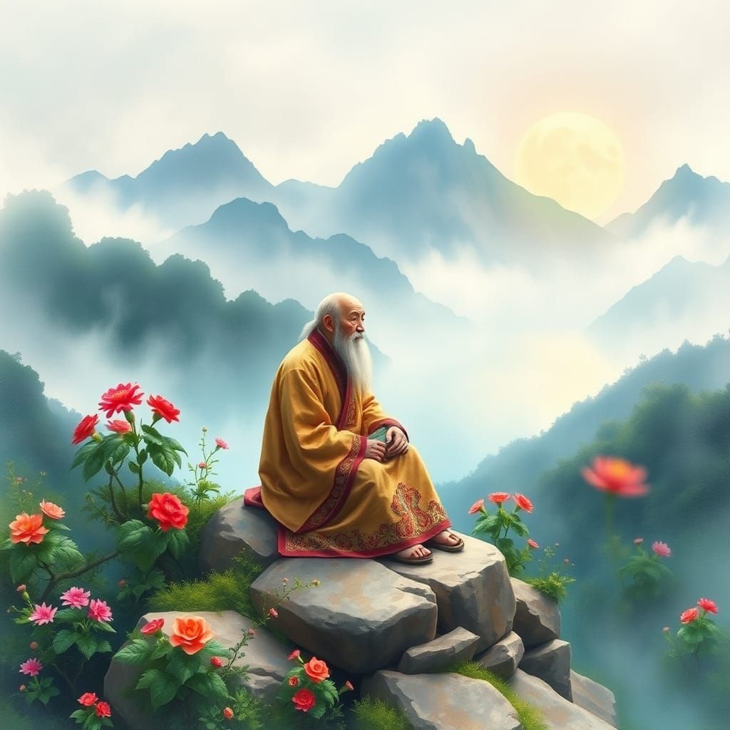 Mystical Taoist Landscape with Contemplative Figure