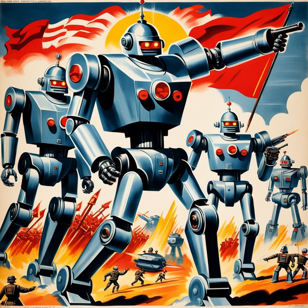 1940s Propaganda Poster: Robots Lead to Victory