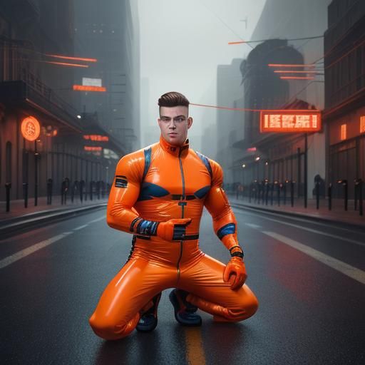 Gay Muscle Man in Hi-Viz Jumpsuit: Detailed Digital Painting