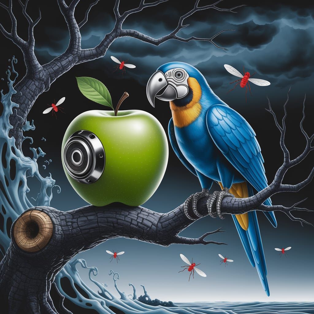 Robotic Apple and Parrot in Surreal Biomechanical Scene
