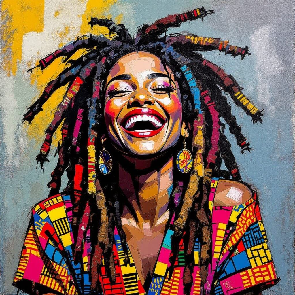 Joyful Black Woman with Dreadlocks in Basquiat Style