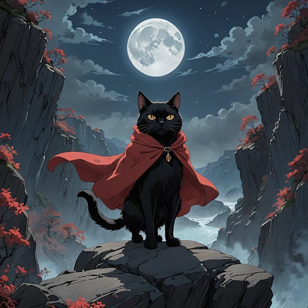 Brave Cat on Cliff in Ghibli Anime Style