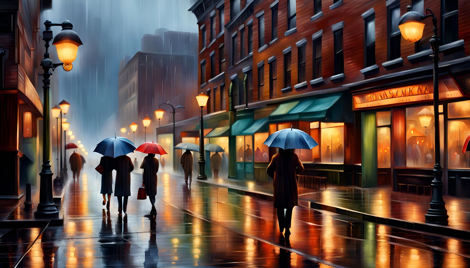 Rainy City Street Scene in Hyperrealistic Style