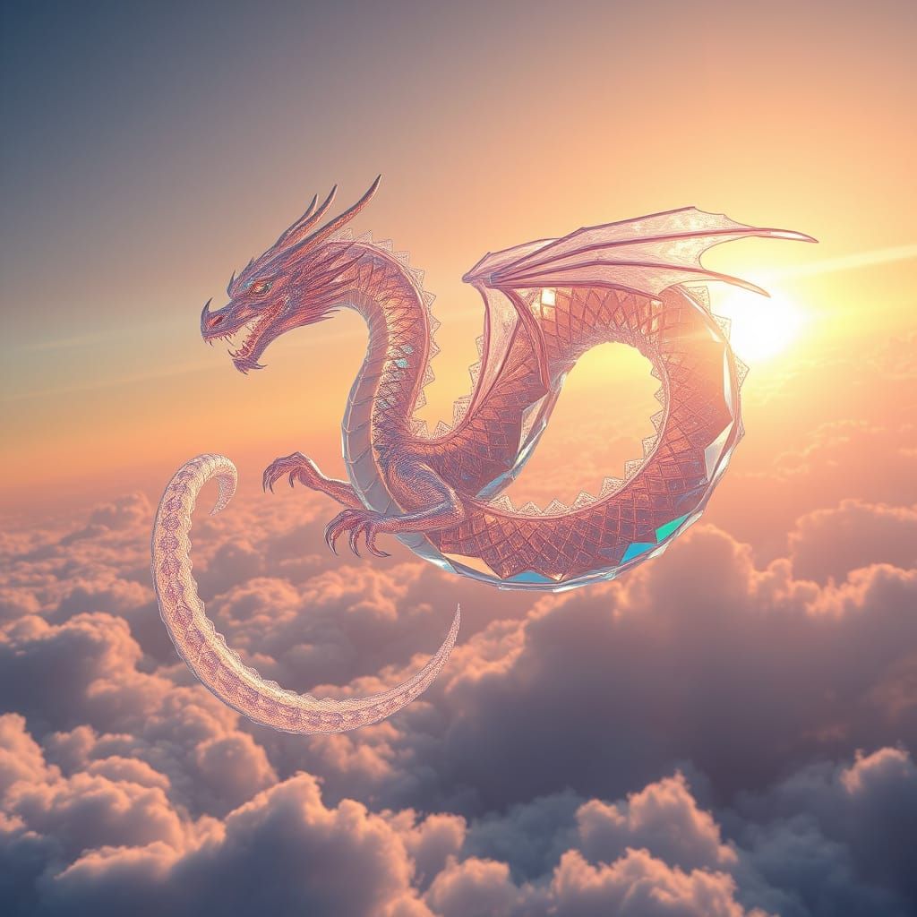 Crystal Dragon Soaring Through Dawn Sky in Fantasy Style