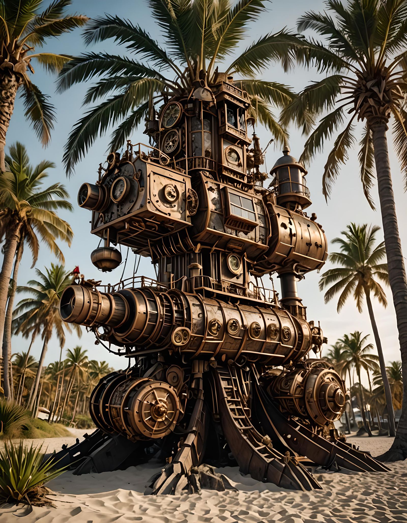 Steampunk Robot on Surreal Palm Beach, Hyperrealistic
