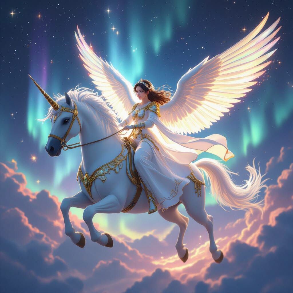 Golden Angel on Pegasus Soars into Celestial Realm