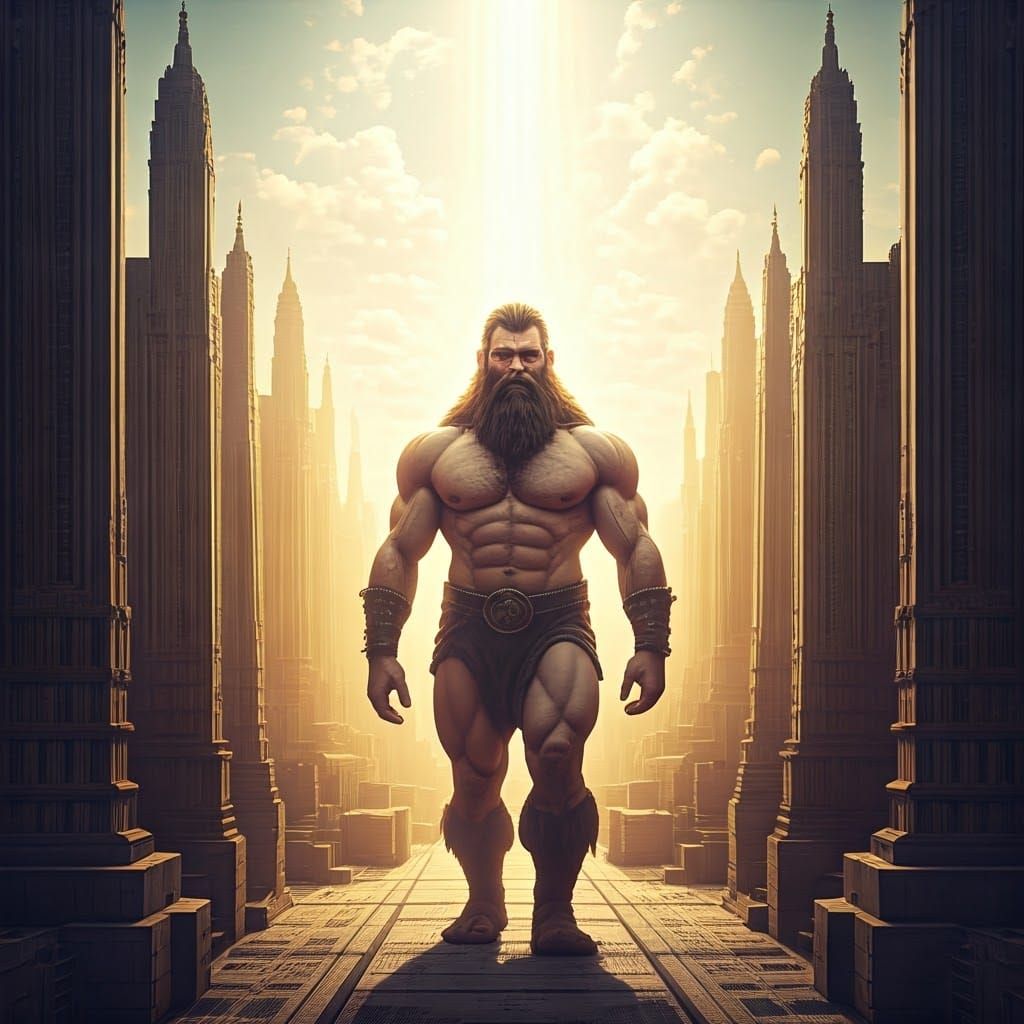 Heroic Figure Enters Model City in Golden Light