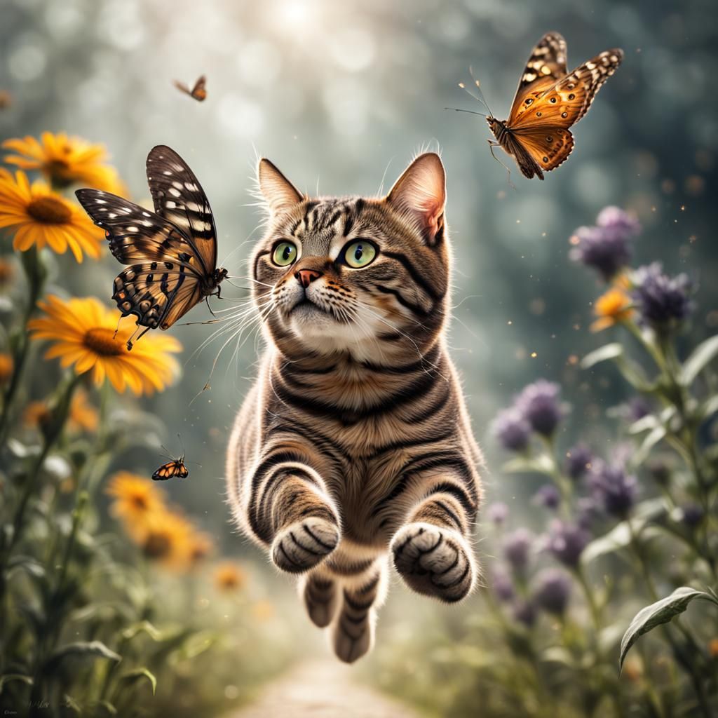 Tabby Cat's Butterfly Leap: Hyperrealistic 64MP Photo