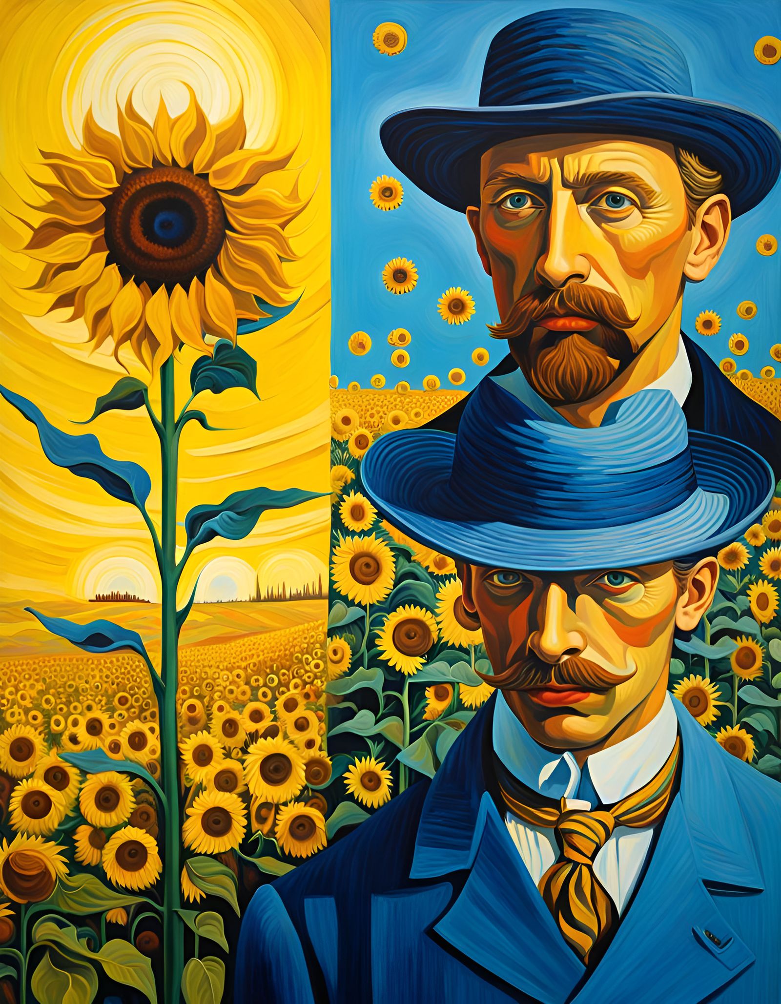 Surreal Sunflower People in Impressionistic Landscape
