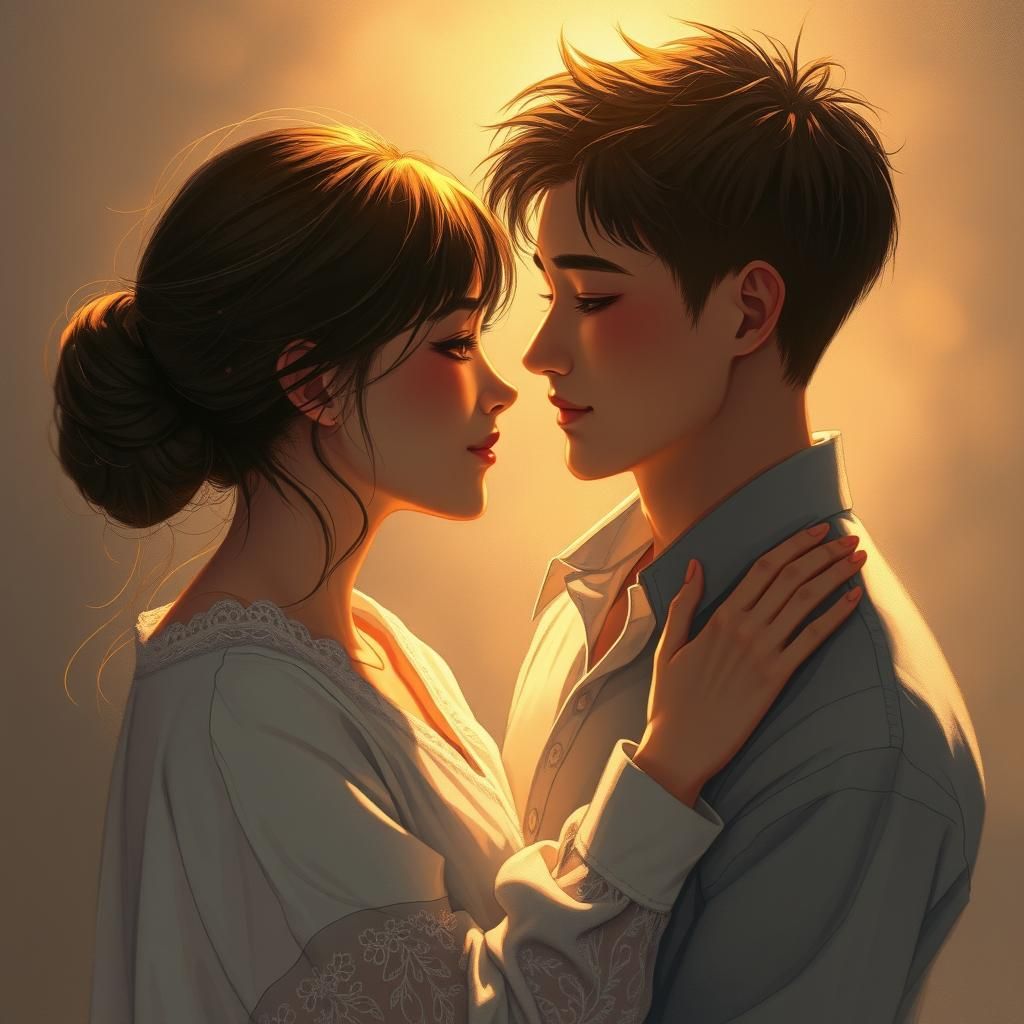 Loving Couple's Tender Embrace in Anime Style