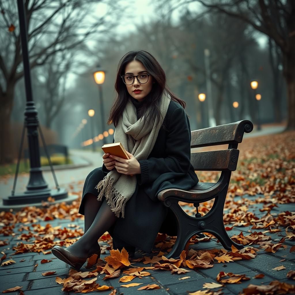 Lonely Brunette Woman in Autumn Park Scene