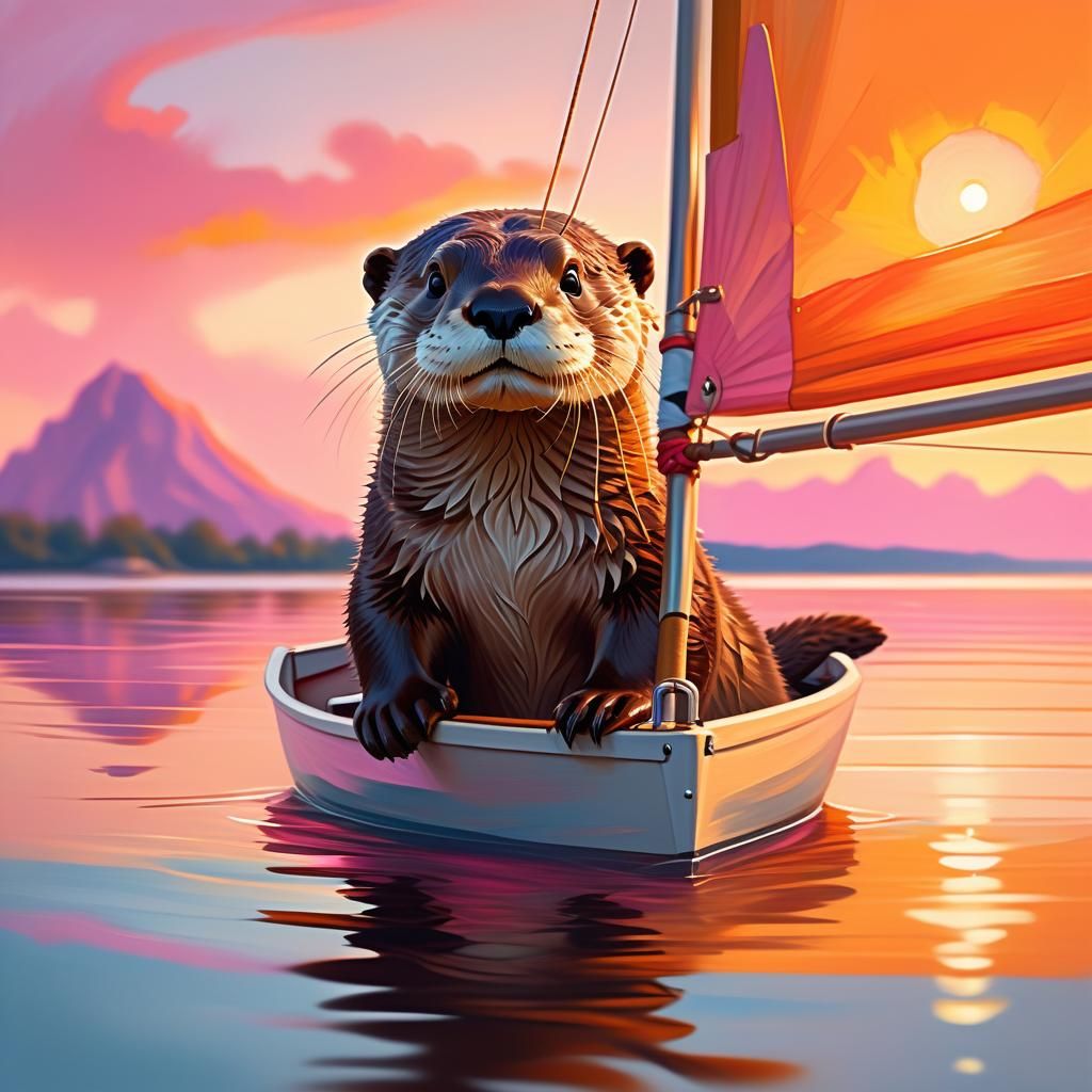 Otter on Sailboat at Sunset in Digital Oil Painting