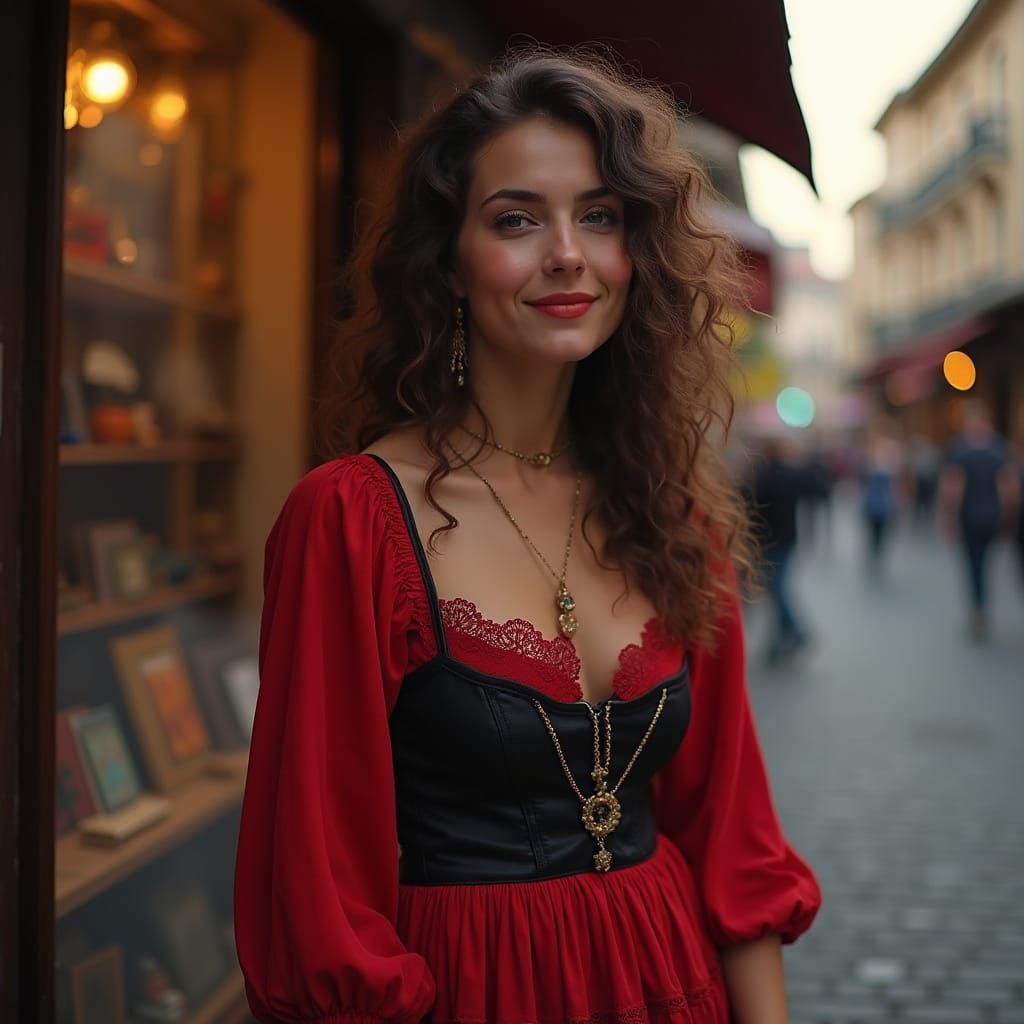 Gypsy Woman in Peasant Dress Outside Antique Shop