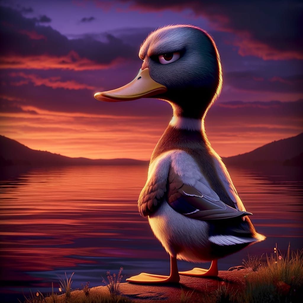 Serious Duck Gazing at Dusk Horizon: CGI Cartoon