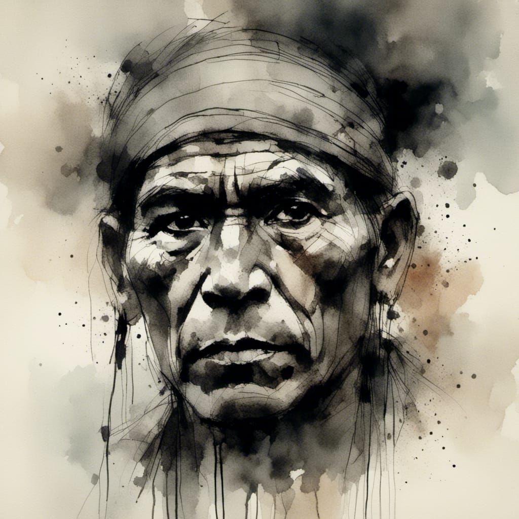 Native American Man Portrait in Charcoal and Ink