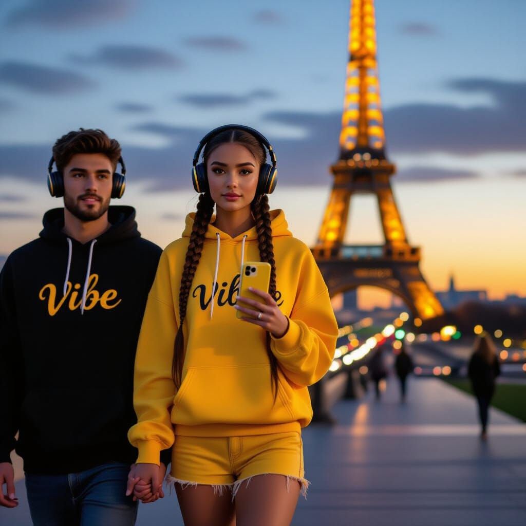 Couple Walks in Paris Near Eiffel Tower in Golden Hour