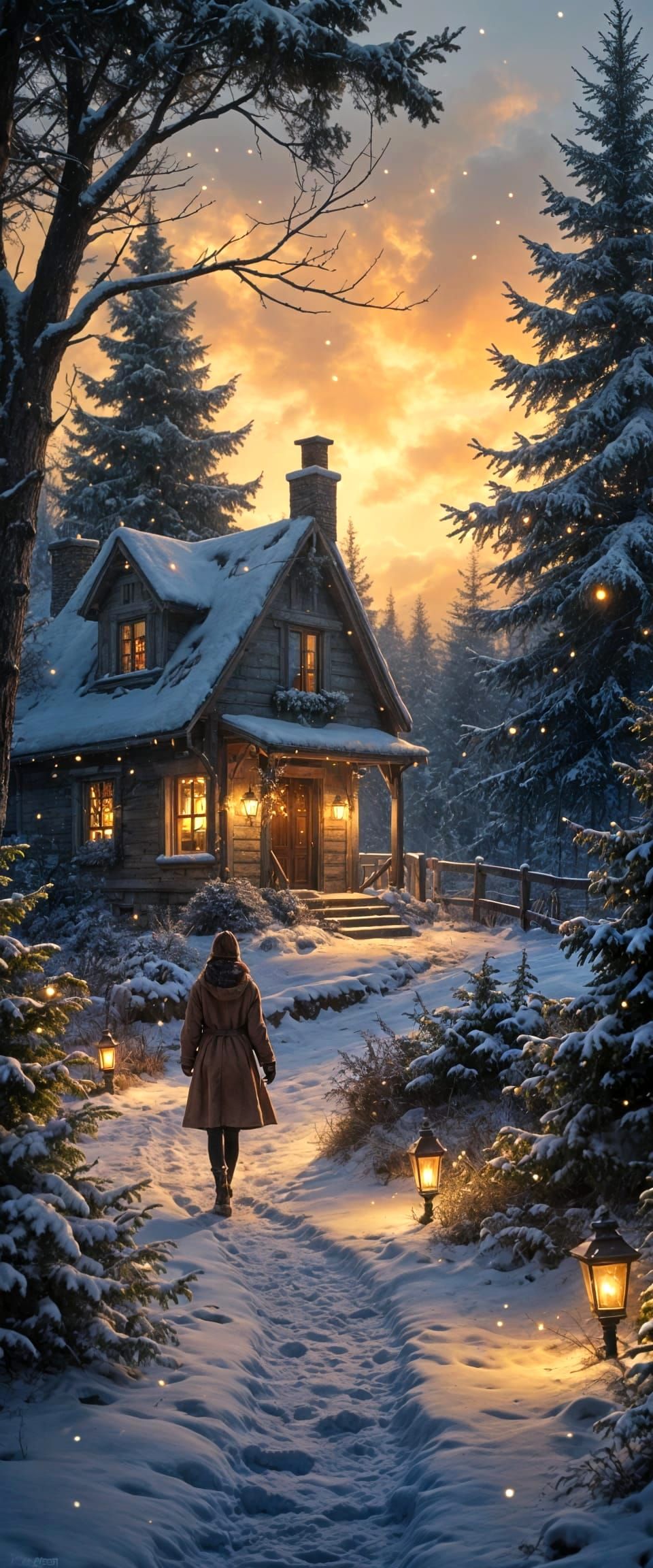 Cozy Winter Path with Evergreens and Cottage