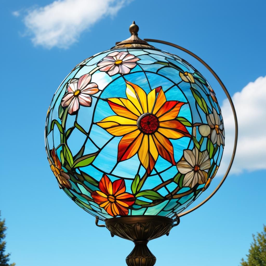 Stained Glass Flower Globe in Midair, Tiffany Style