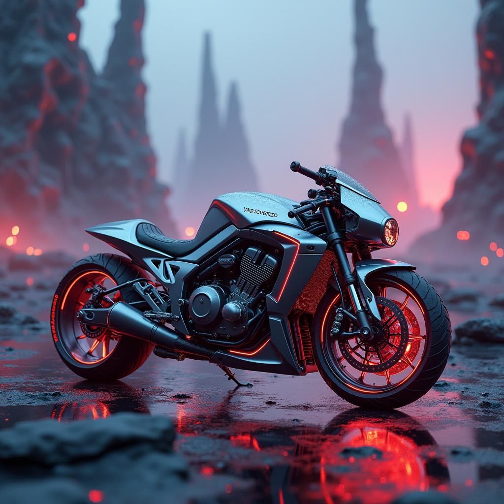 Futuristic Motorcycle in Eerie Cyberpunk Landscape