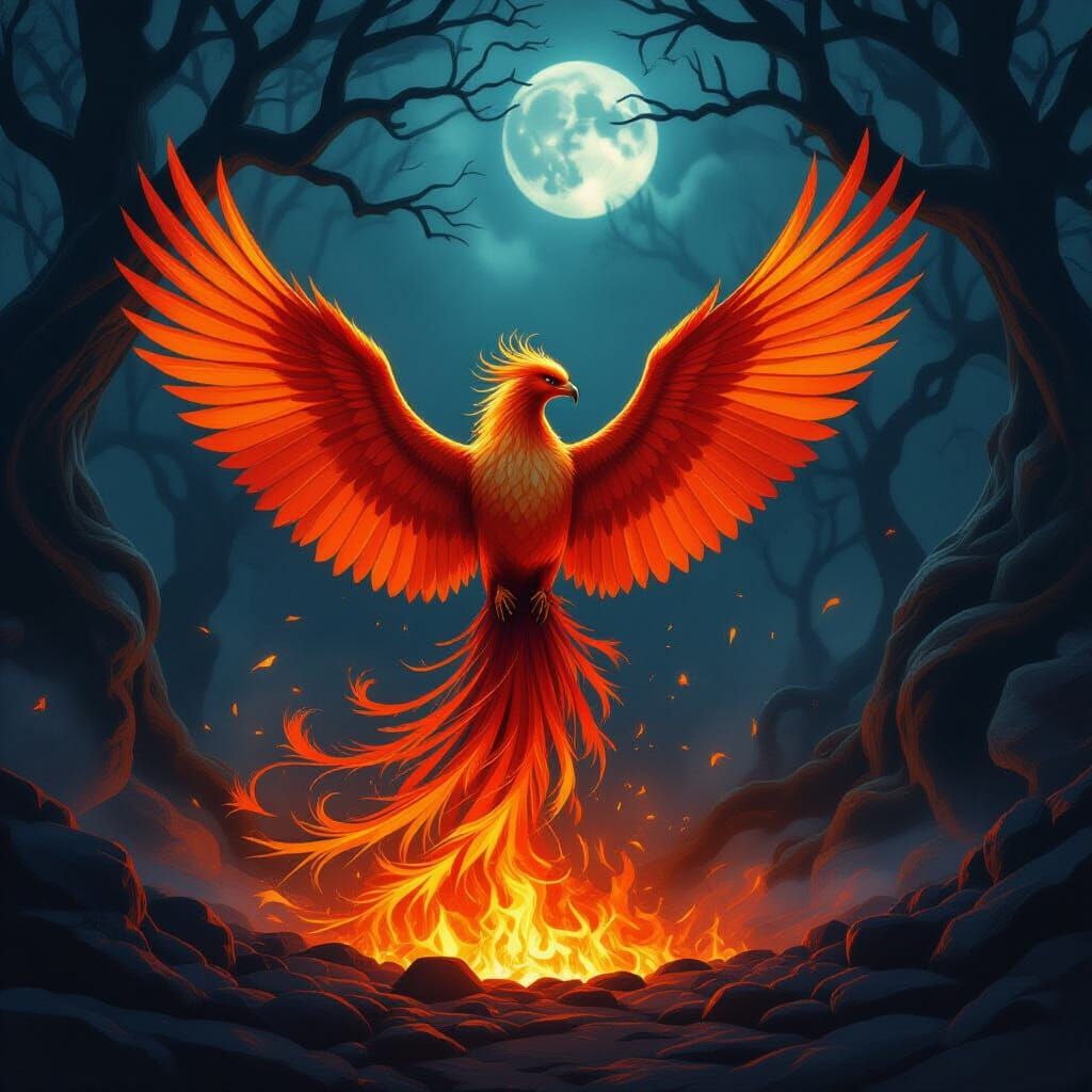 Majestic Phoenix Rises from Embers in Fantasy Art