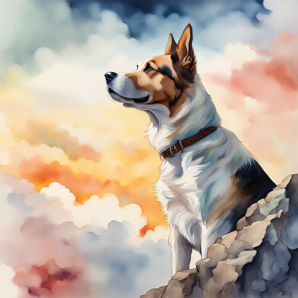 Proud Dog Overlooking Clouds in Watercolour Style