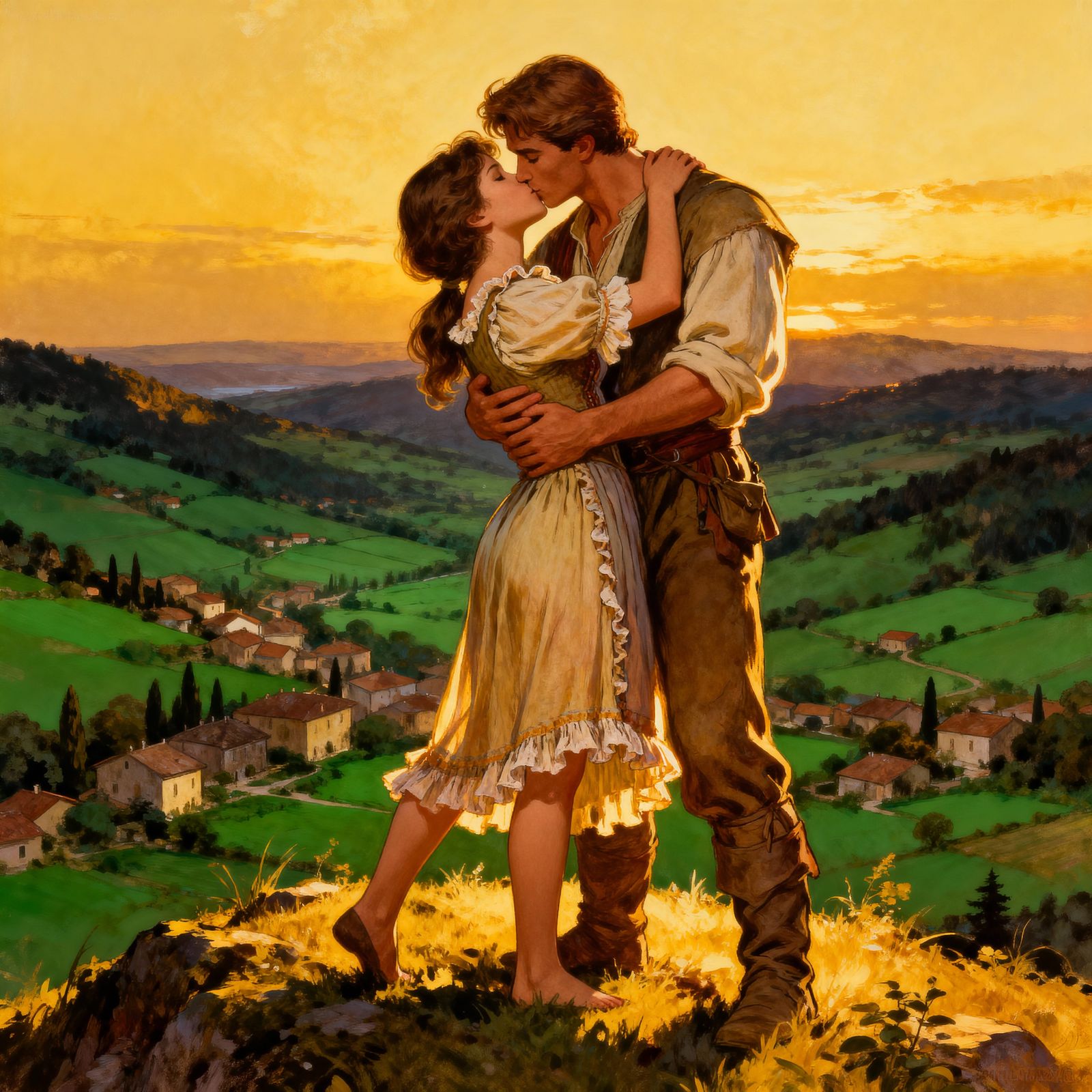 Couple Embracing at Sunset Over Village Valley