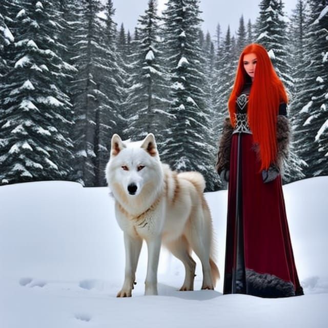 Dwarf Huntress and White Wolf in Snowy Hills
