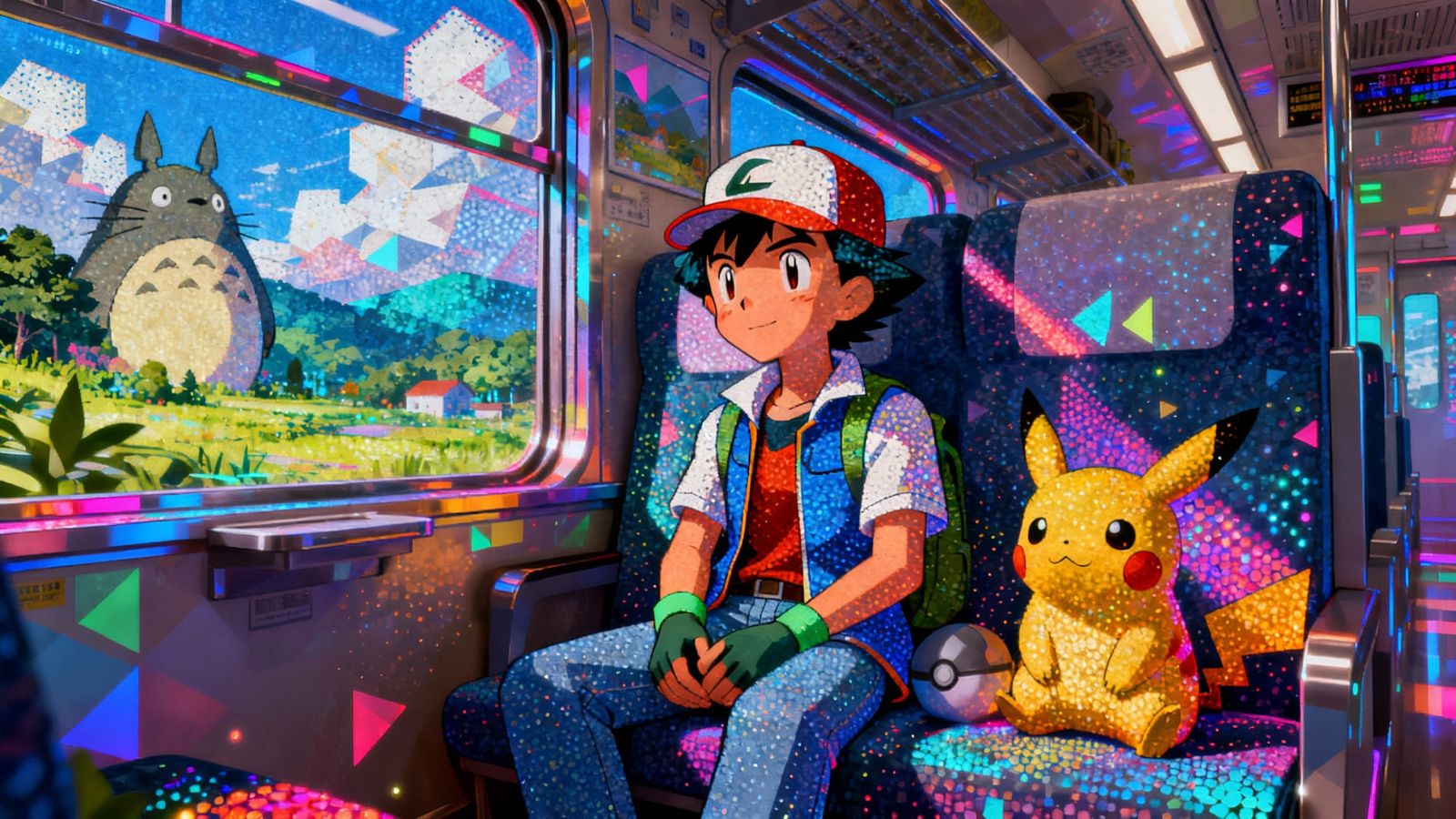 Ash Ketchum and Pokémon on a Train, Studio Ghibli Landscape