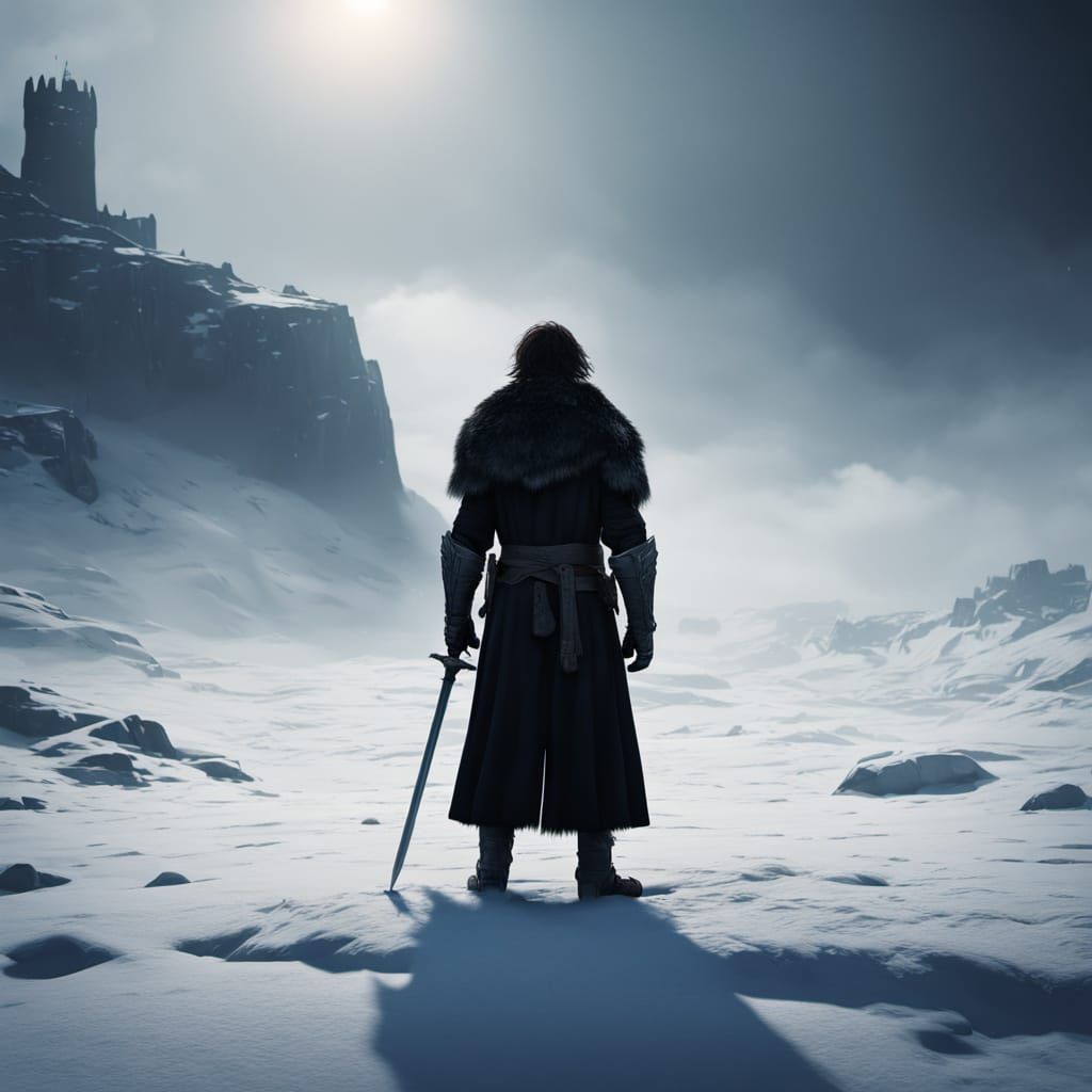 Lone Warrior in Snowy Battlefield with Medieval Sword