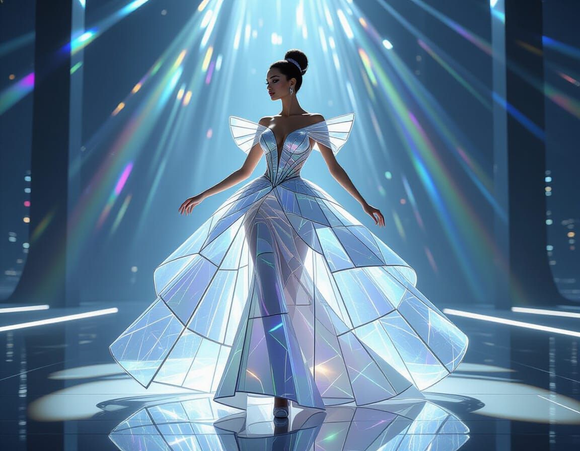Futuristic Dancer in Glass Gown with Cityscape