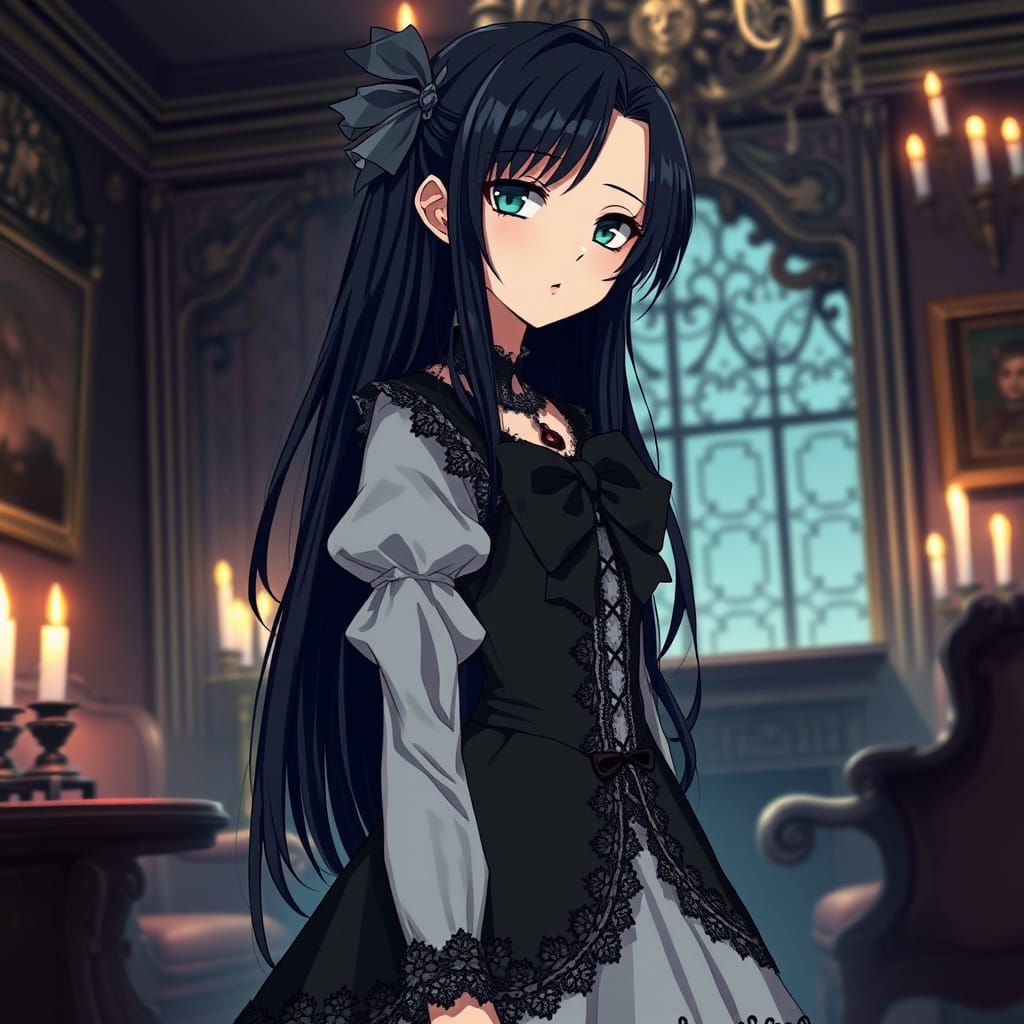 Anime Gothic Lolita Woman in Victorian Parlor