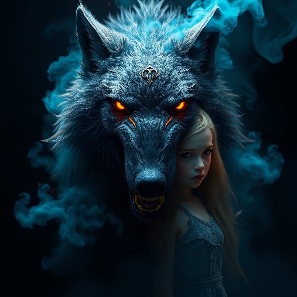 Menacing Wolf Metamorphosis with Girl: Dark Fantasy Art