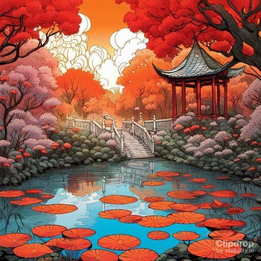 Serene Oriental Water Garden Scene